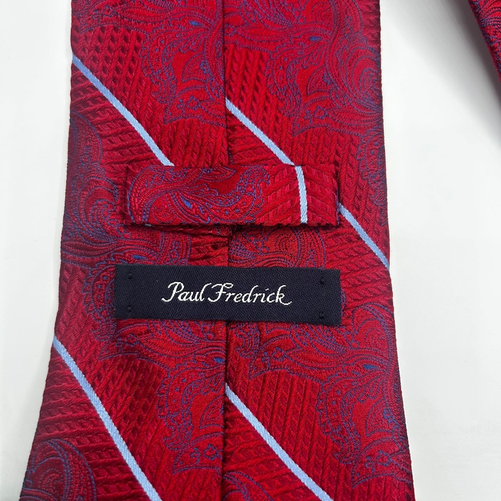Paul Fredrick Mens Red Blue Paisley Striped Italian Silk Hand Tailored Tie USA - Picture 3 of 5